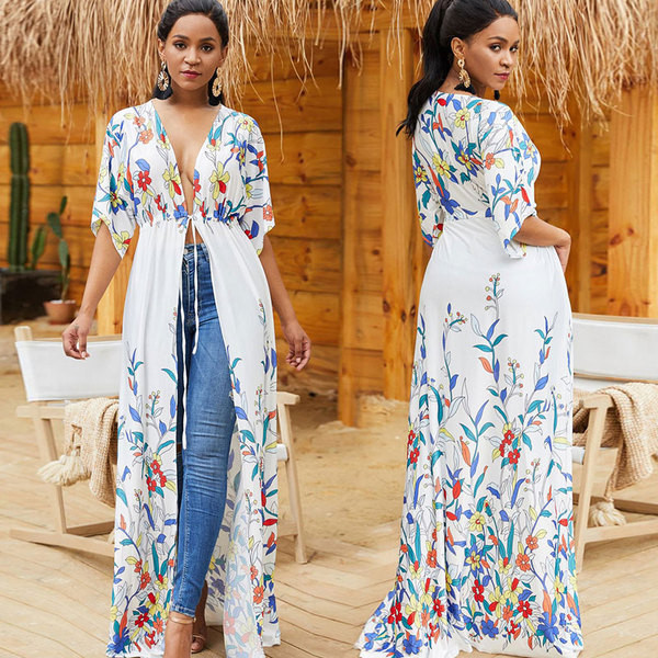 Pareo lung de dama alb cu motive florale