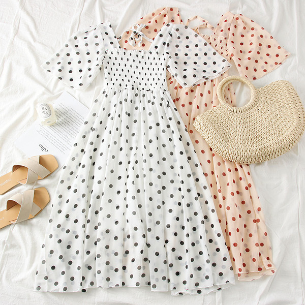 Ежедневна дамска рокля с квадратно деколте на точки в два цвята