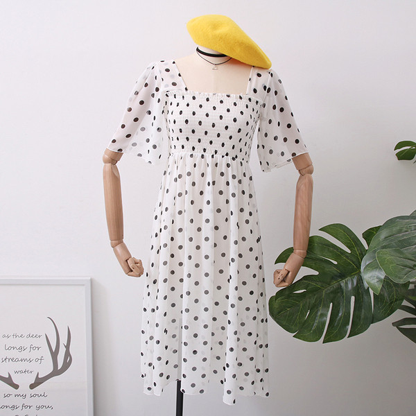 Ежедневна дамска рокля с квадратно деколте на точки в два цвята