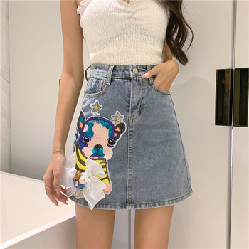 Fusta dama casual din denim cu talie inalta si aplicatie