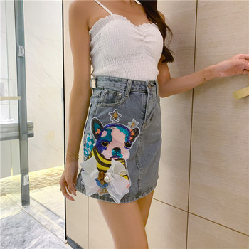 Fusta dama casual din denim cu talie inalta si aplicatie