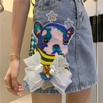 Fusta dama casual din denim cu talie inalta si aplicatie