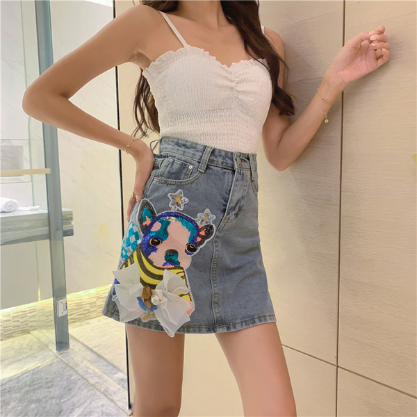 Fusta dama casual din denim cu talie inalta si aplicatie