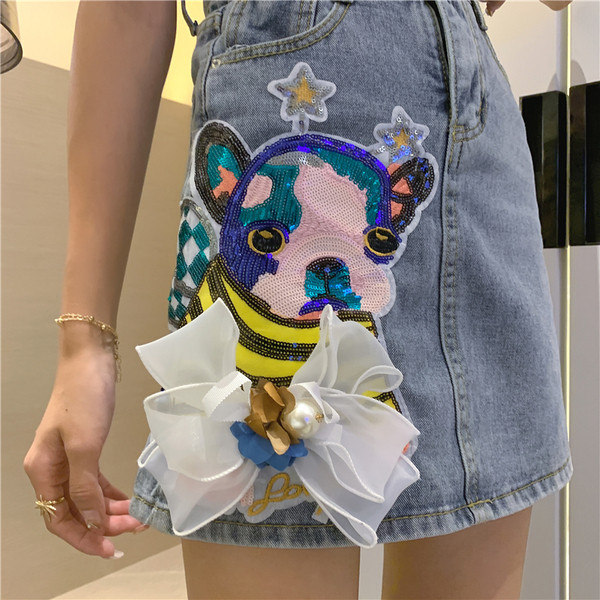 Fusta dama casual din denim cu talie inalta si aplicatie