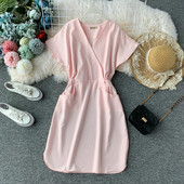 Дамска модерна рокля с къс ръкави V-образно деколте в няколко цвята