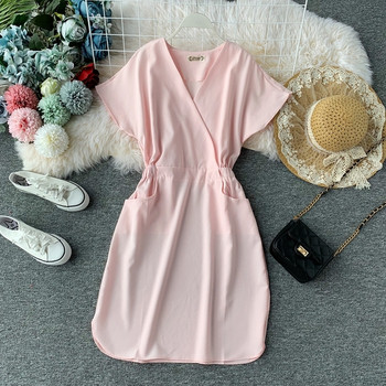 Дамска модерна рокля с къс ръкави V-образно деколте в няколко цвята