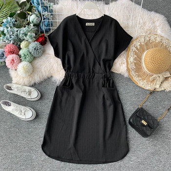 Дамска модерна рокля с къс ръкави V-образно деколте в няколко цвята