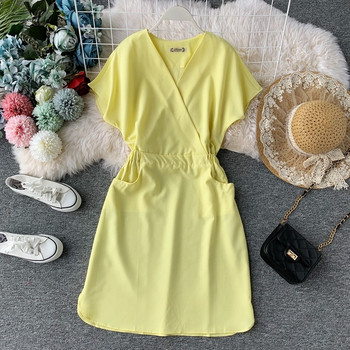 Дамска модерна рокля с къс ръкави V-образно деколте в няколко цвята