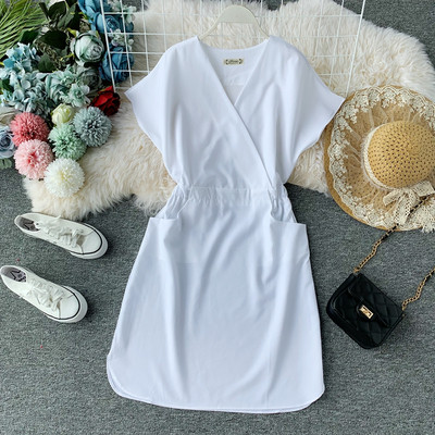 Дамска модерна рокля с къс ръкави V-образно деколте в няколко цвята