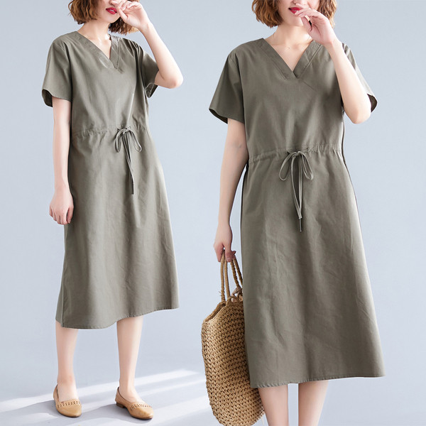 Rochie casual de dama cu decolteu in V si legaturi in talie