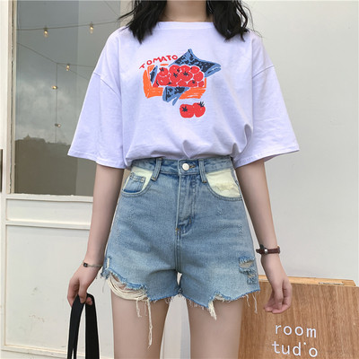 Blugi moderni scurti cu motive rupte si talie inalta