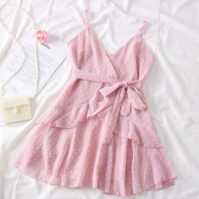 Ежедневна дамска рокля с V-образно деколте и колан в няколко цвята