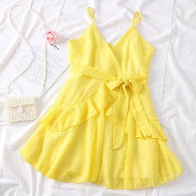 Ежедневна дамска рокля с V-образно деколте и колан в няколко цвята