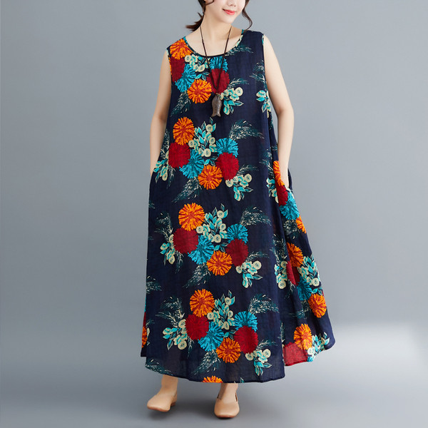 Rochie lunga de dama cu motive florale in trei culori