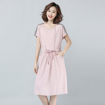 Ежедневна дамска рокля с връзки на талията и джобове в розов цвят