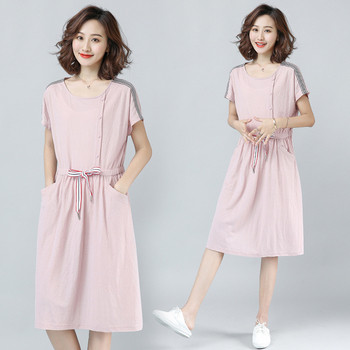 Ежедневна дамска рокля с връзки на талията и джобове в розов цвят