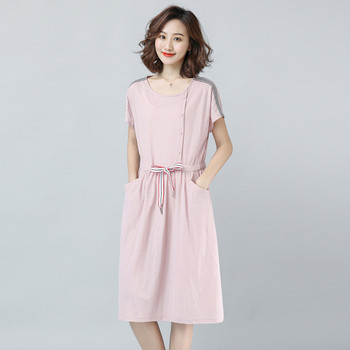 Ежедневна дамска рокля с връзки на талията и джобове в розов цвят