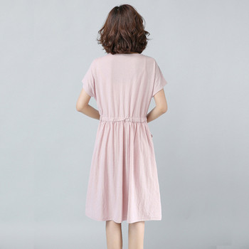 Ежедневна дамска рокля с връзки на талията и джобове в розов цвят