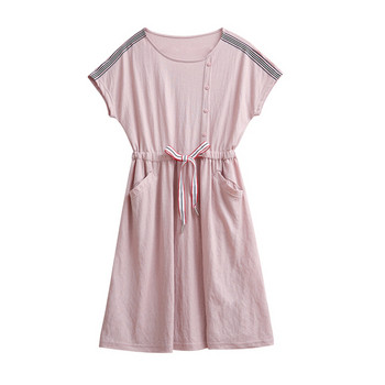 Ежедневна дамска рокля с връзки на талията и джобове в розов цвят