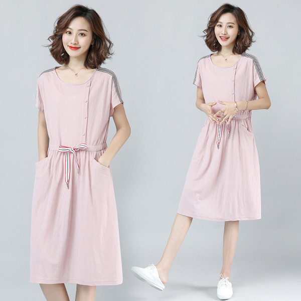 Ежедневна дамска рокля с връзки на талията и джобове в розов цвят