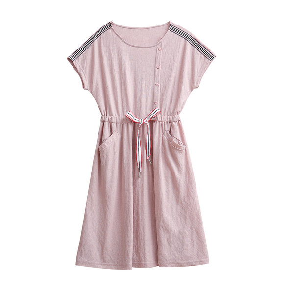 Ежедневна дамска рокля с връзки на талията и джобове в розов цвят