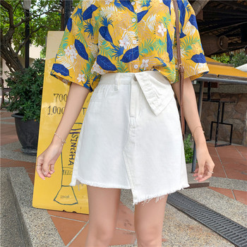 Модерна дамска дънкова пола с висока талия в бял и черен цвят асиметричен модел