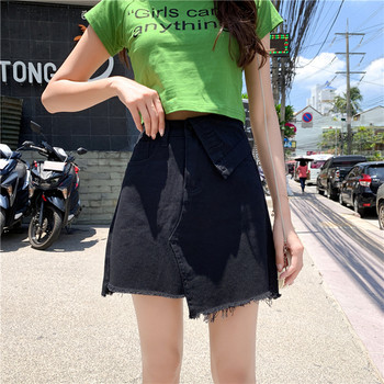 Модерна дамска дънкова пола с висока талия в бял и черен цвят асиметричен модел