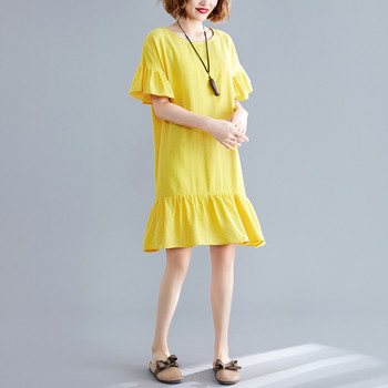 Rochie actuală de damă cu mâneci scurte în albastru și galben