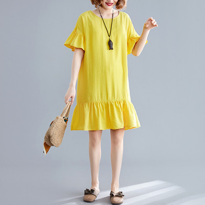 Rochie actuală de damă cu mâneci scurte în albastru și galben