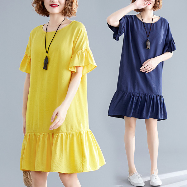 Rochie actuală de damă cu mâneci scurte în albastru și galben