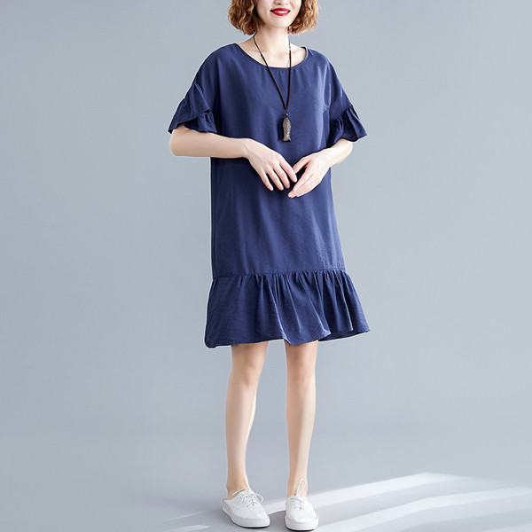 Rochie actuală de damă cu mâneci scurte în albastru și galben