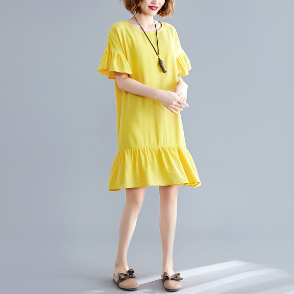 Rochie actuală de damă cu mâneci scurte în albastru și galben