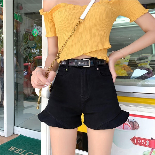 Blugi scurti casual cu centura si talie inalta