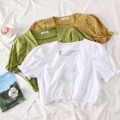 Bluză de damă modernă cu nasturi în alb, verde și maro