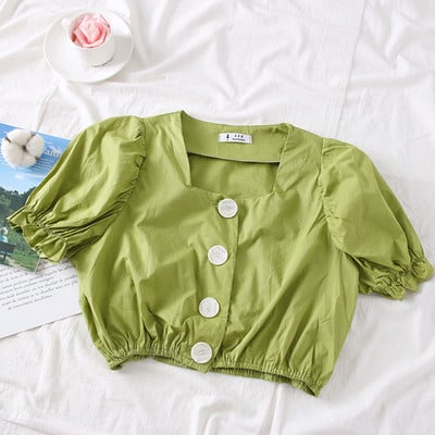 Bluză de damă modernă cu nasturi în alb, verde și maro