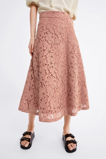 Fusta de dama lunga din dantela in roz