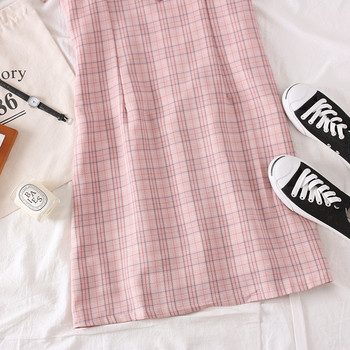 Rochie casual de dama in carouri cu bretele roz