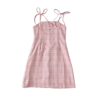 Rochie casual de dama in carouri cu bretele roz