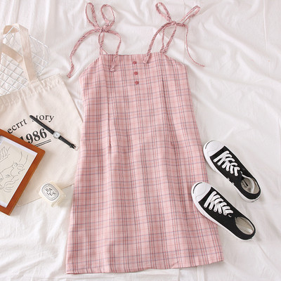 Rochie casual de dama in carouri cu bretele roz