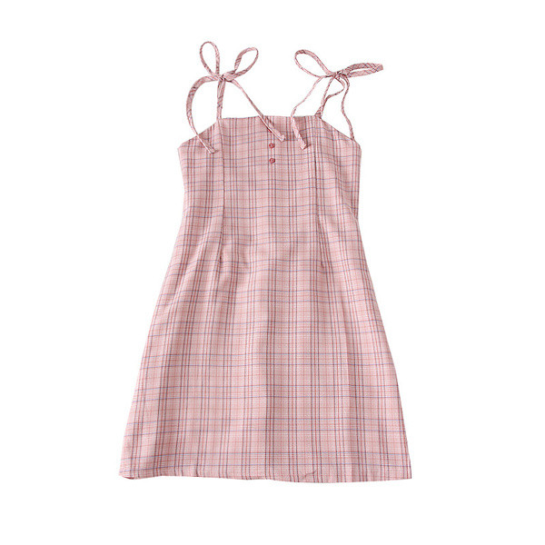 Rochie casual de dama in carouri cu bretele roz