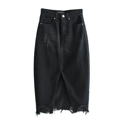 Fusta de dama din denim cu fanta si motive rupte