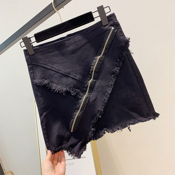 Fusta de dama din denim cu fermoar alb si negru