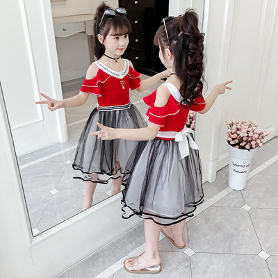 Rochie modernă pentru copii pentru fete în roșu și negru cu inscripții și tul