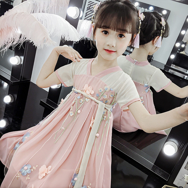 Rochie de copii actuală pentru fete în două culori cu mâneci scurte și motiv floral