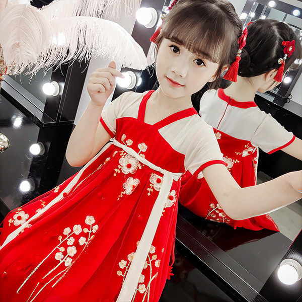 Rochie de copii actuală pentru fete în două culori cu mâneci scurte și motiv floral