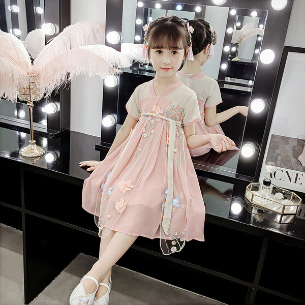 Rochie de copii actuală pentru fete în două culori cu mâneci scurte și motiv floral