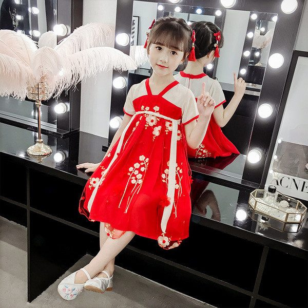 Rochie de copii actuală pentru fete în două culori cu mâneci scurte și motiv floral