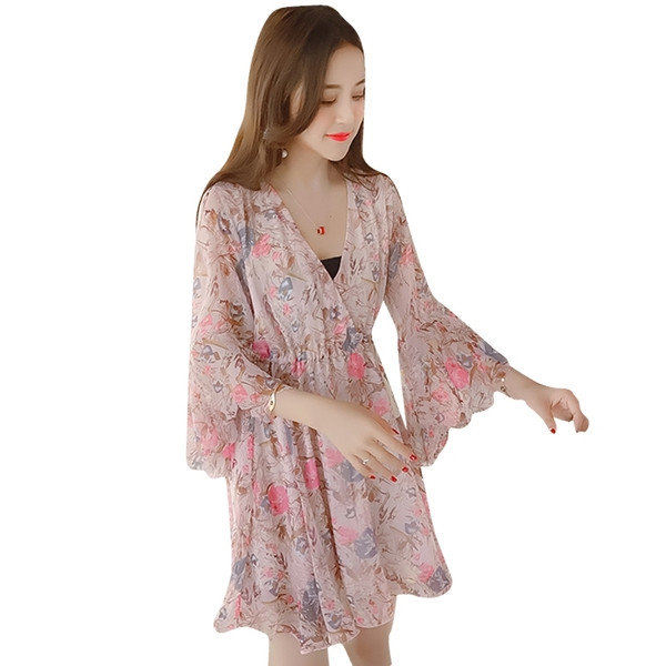 Rochie moderna de dama cu decolteu in V si model floral in trei culori