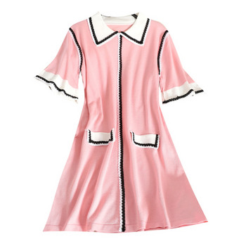 Стилна дамска рокля с яка и къс ръкав в черен и розов цвят