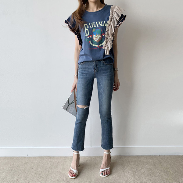 Tricou de dama modern cu aplicare de culoare in doua culori